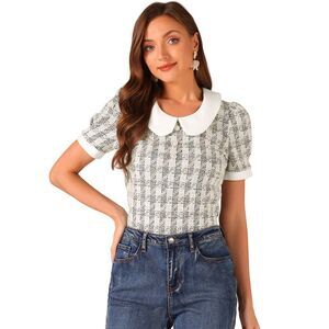 Tweed Top Button Decor Peter Pan Collar Blouse Black White